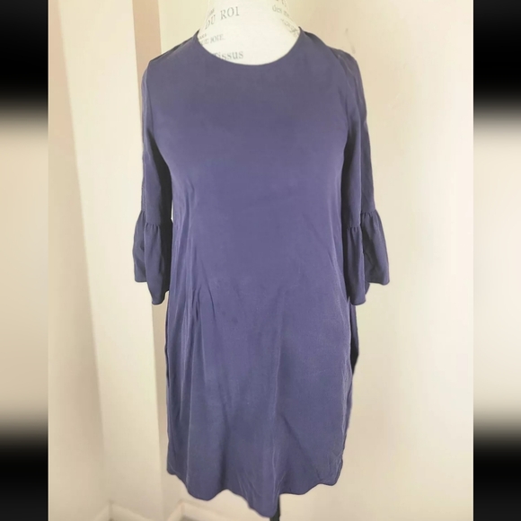 Eileen Fisher navy blue 100% Silk 3/4 bell sleeve shift dress size PP/PTP - Picture 4 of 8